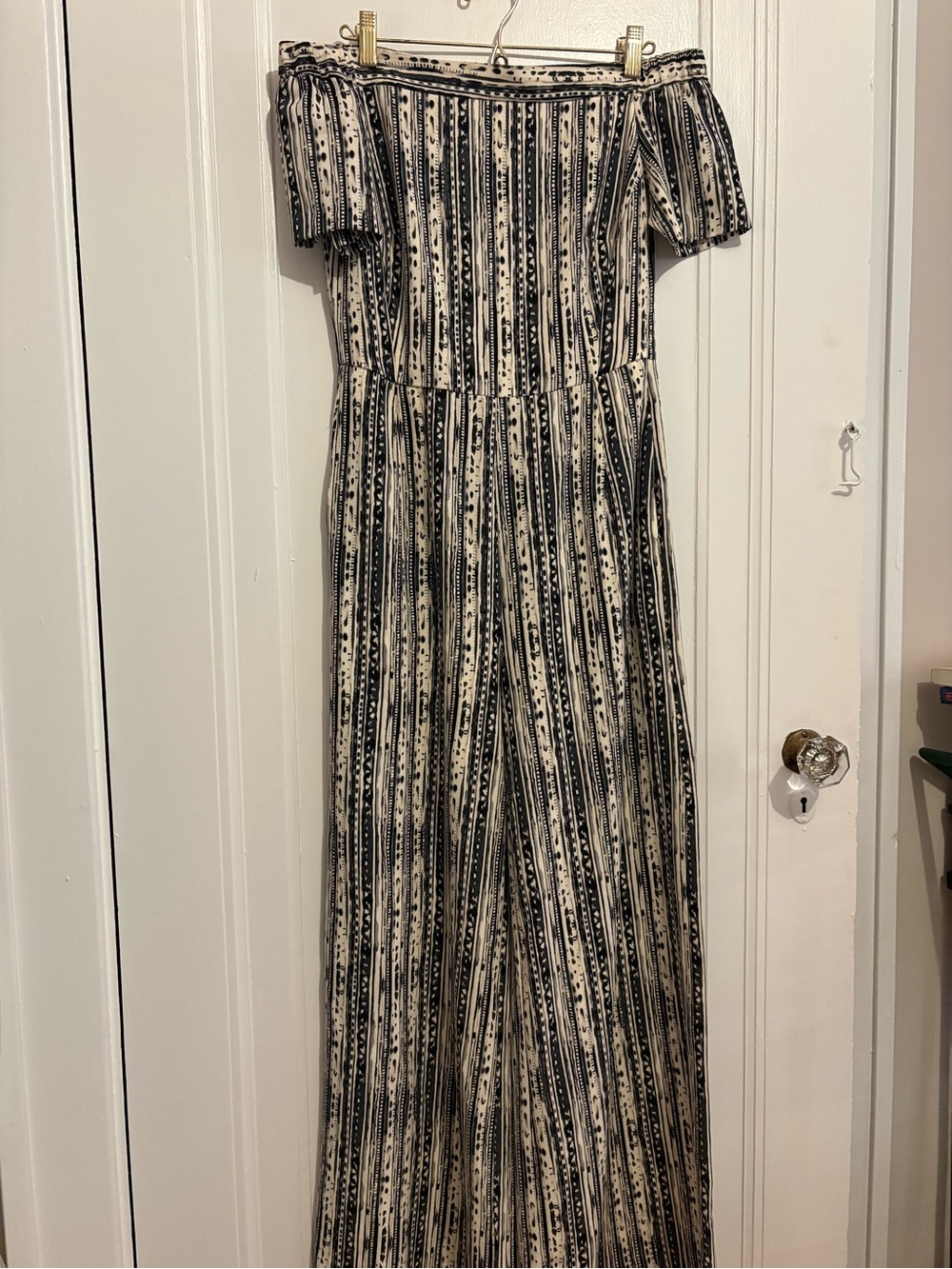 Black and Cream Patterned Off-Shoulder Jumpsuit with Pockets